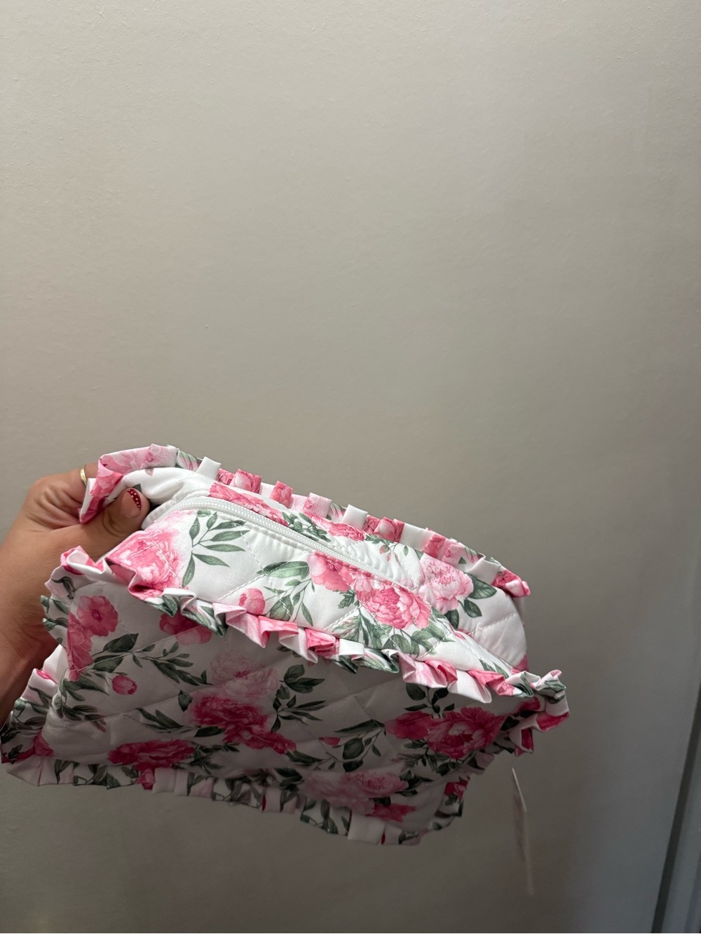 Pink Floral Quilted Cosmetic Pouch with Ruffle Trim